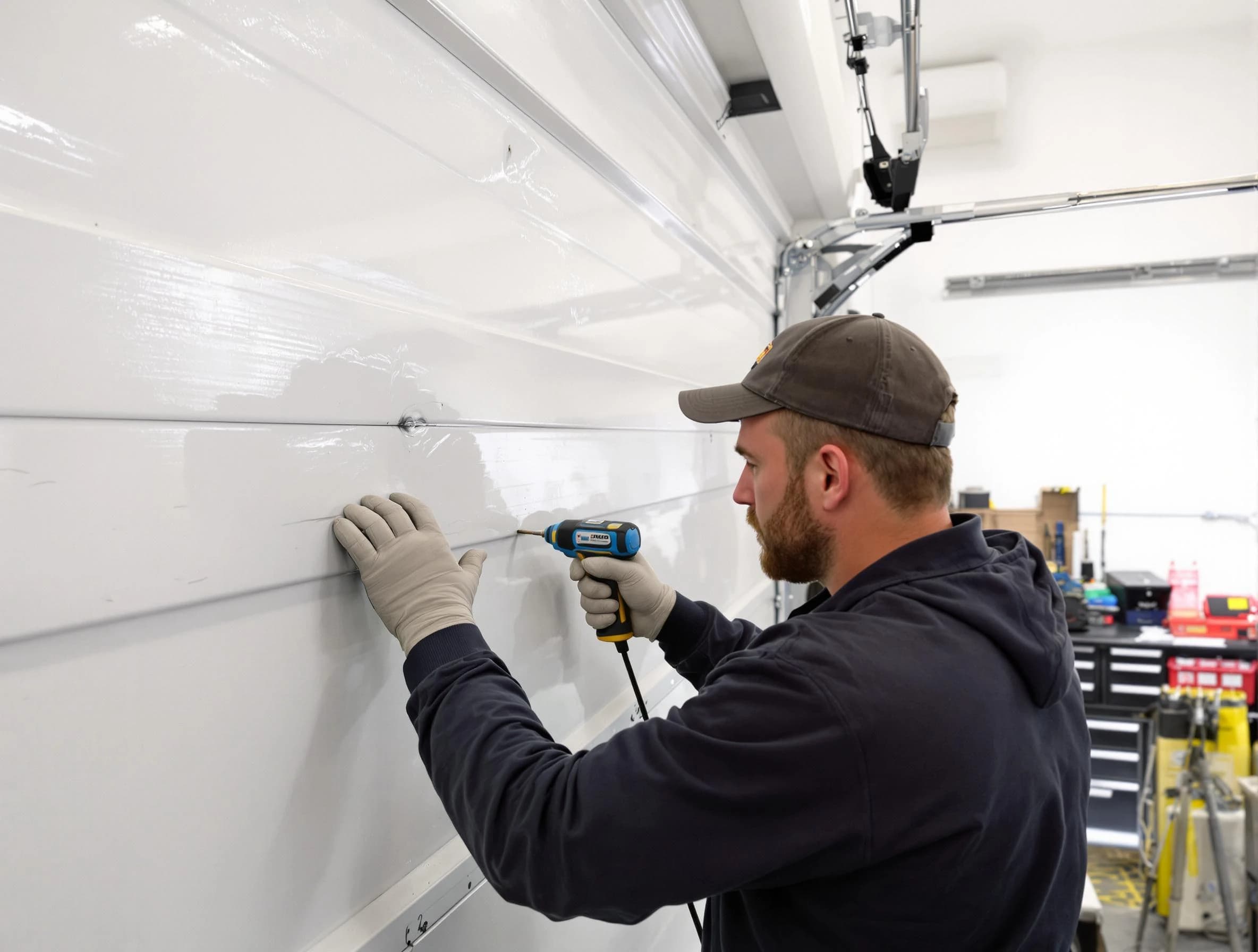 Columbia Garage Door Repair technician demonstrating precision dent removal techniques on a Columbia garage door