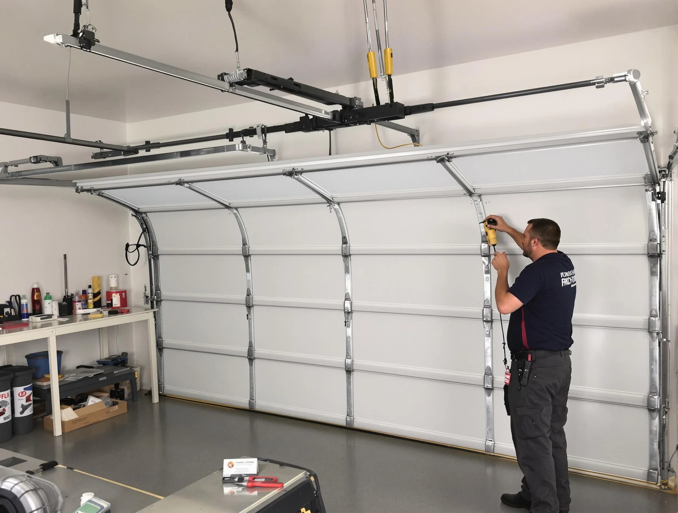 Columbia Garage Door Repair certified technician performing overhead door system repair in Columbia