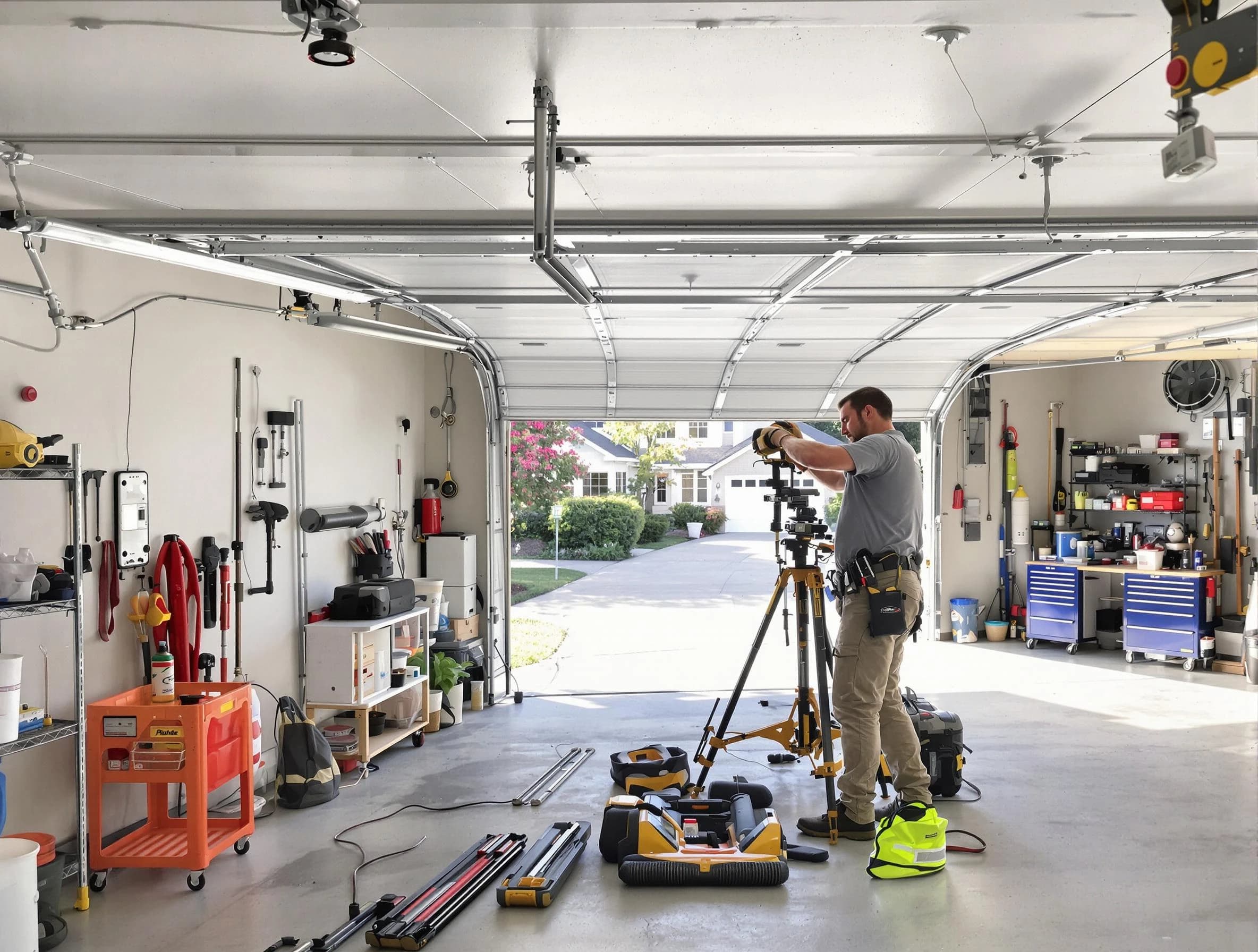 Columbia Garage Door Repair specialist performing laser-guided track alignment in Columbia